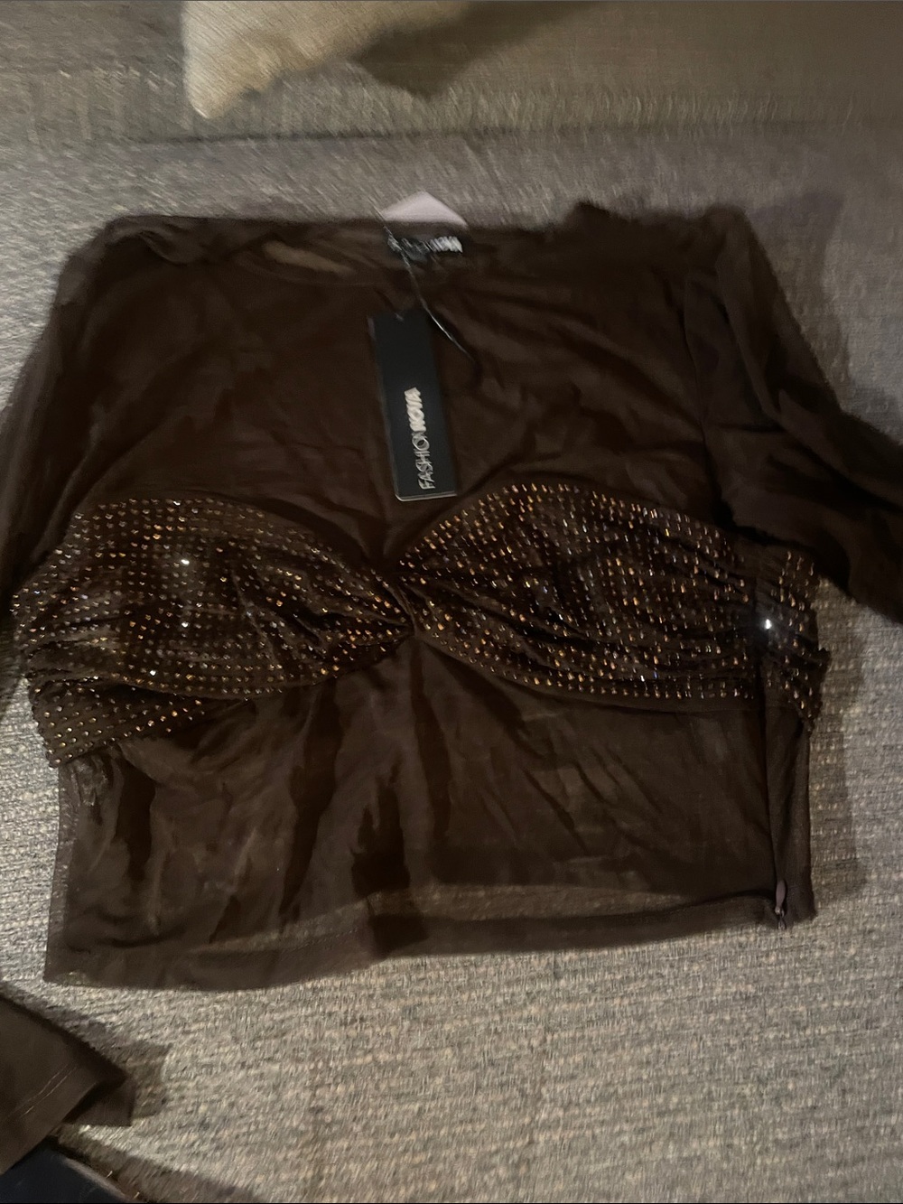 Fashion Nova Brown Sheer Mesh Long-Sleeve Crop Top with Embellished Bust